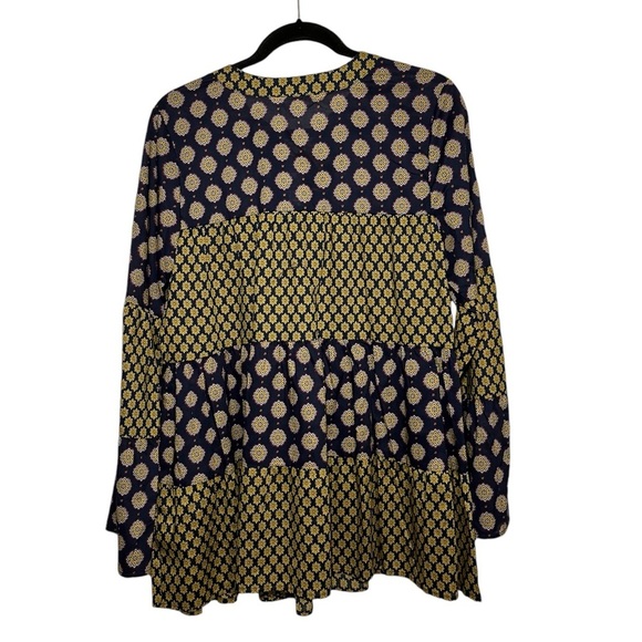 Ditsy Floral Yellow Gold Navy Boho Chic Tiered Peasant Shirt Size: Medium - Picture 5 of 6